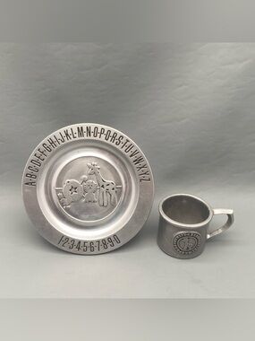 Vintage Pewtarex Child's ABC 123 Zoo Plate & Giraffe Pewter Mug Cup Set (D-2)